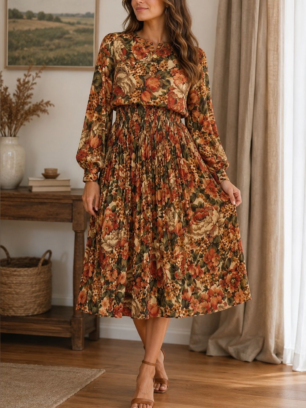 Leslie Fay Vintage Floral Pleated Midi Dress Size 12 Long Sleeve Cottagecore